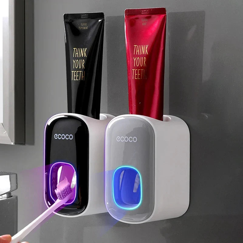 Wall-mount toothpaste dispenser and toothbrush holder set