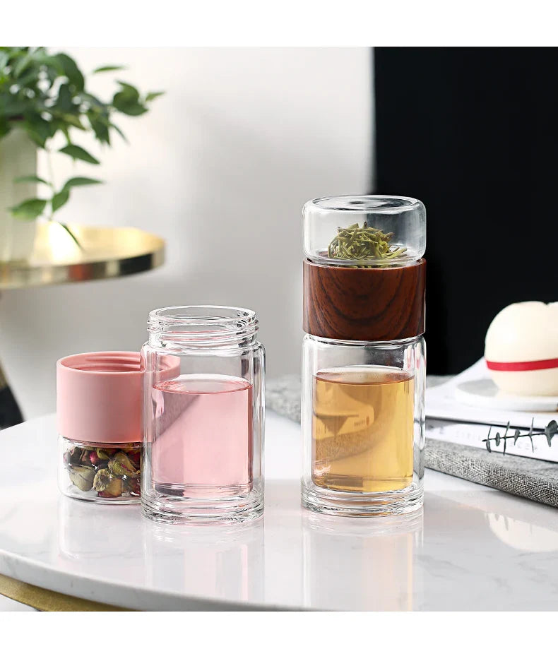 Portable Double Wall Glass Tea infuser Tumbler