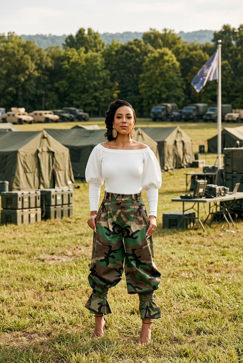 High-waisted camouflage pleated wide-leg pants