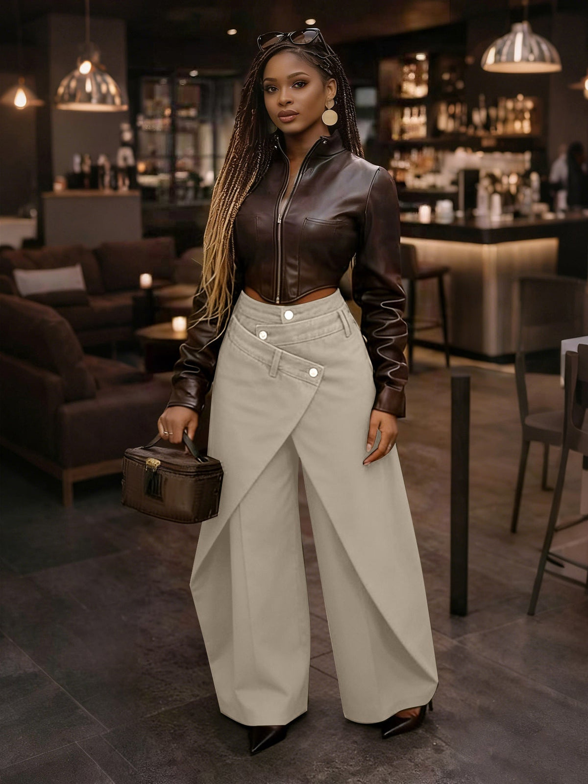 High-Waisted Cross-Buckle Wide-Leg Pants