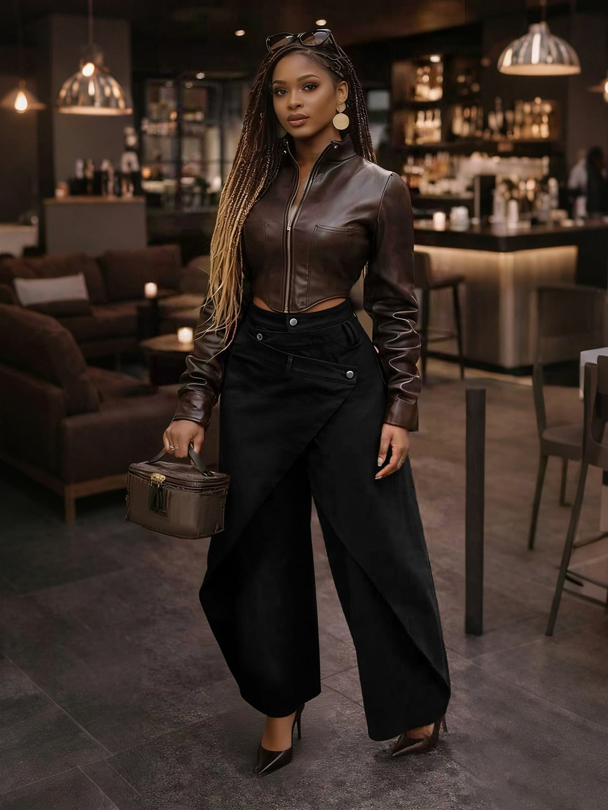 High-Waisted Cross-Buckle Wide-Leg Pants