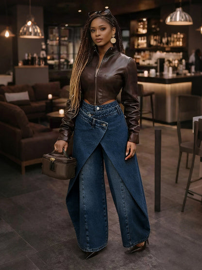 High-Waisted Cross-Buckle Wide-Leg Pants