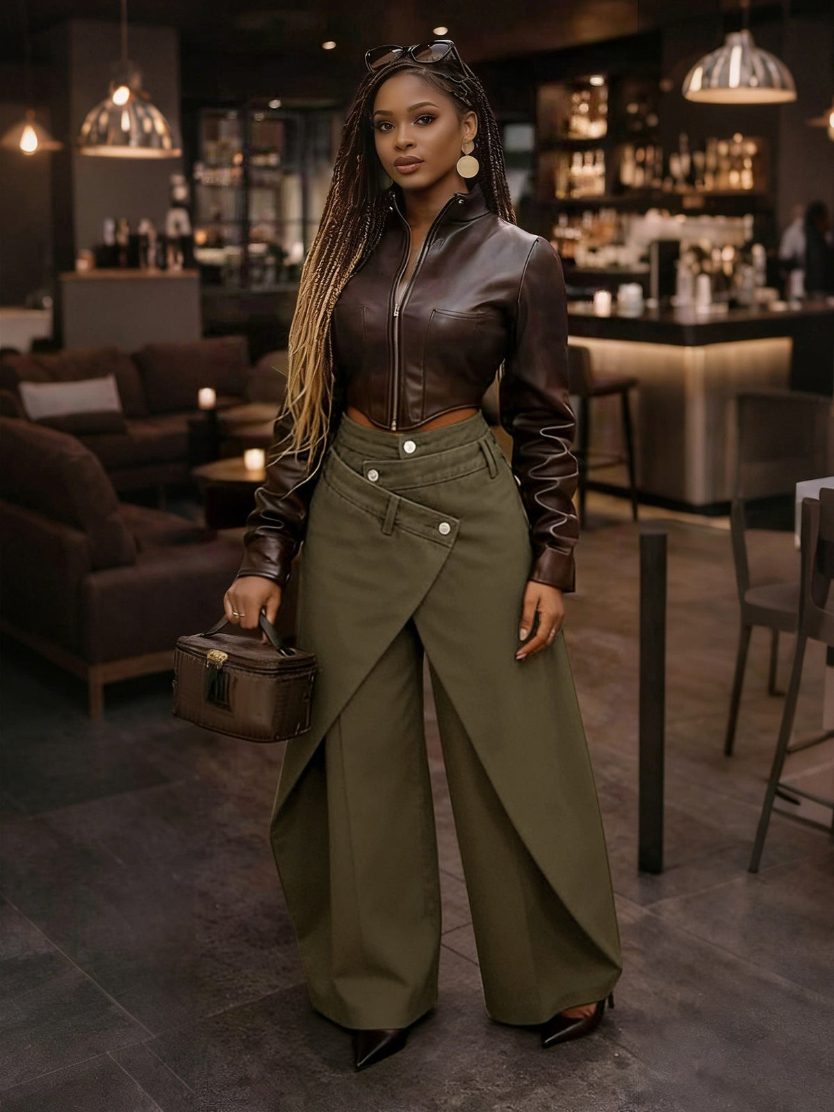High-Waisted Cross-Buckle Wide-Leg Pants