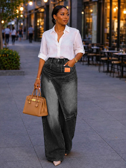 Irregular Denim Wide-Leg Pants