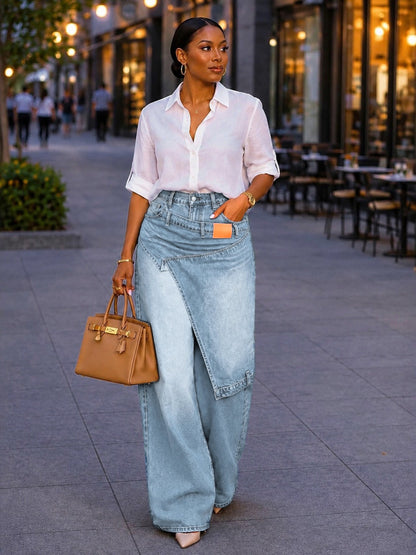 Irregular Denim Wide-Leg Pants