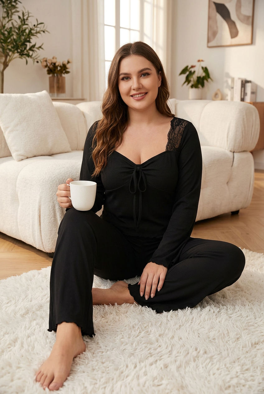 Lace sleeve lounge set in Black, size XL