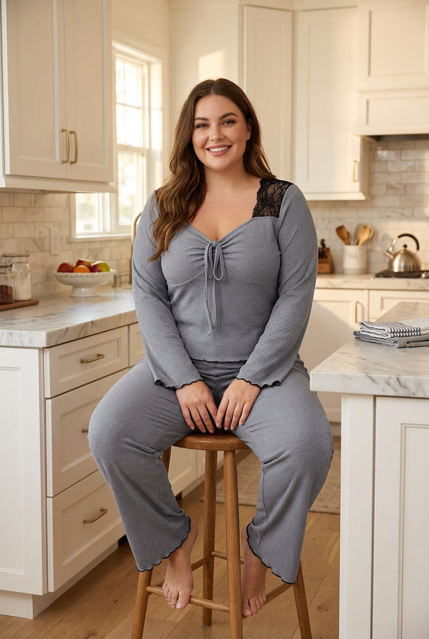Lace sleeve lounge set in Grey, size XL