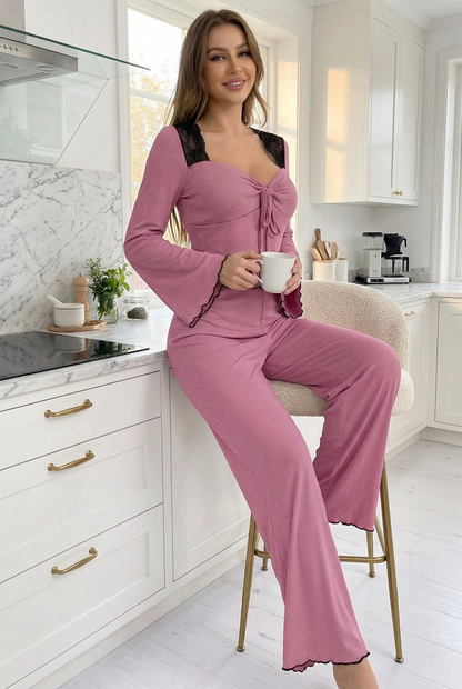 Machine-washable lace sleeve lounge set, sizes S to XL