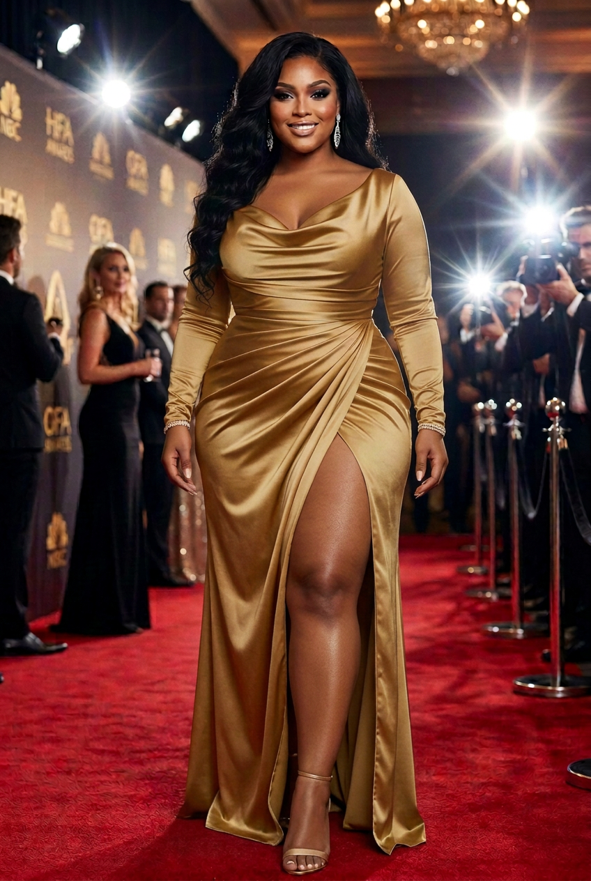 Long-Sleeve Satin Cowl Neck Gown with High Slit, L to 3XL