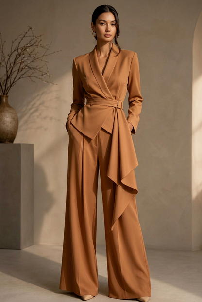 Plus Size Belted Blazer and Wide-Leg Pants Set, 3 Colors