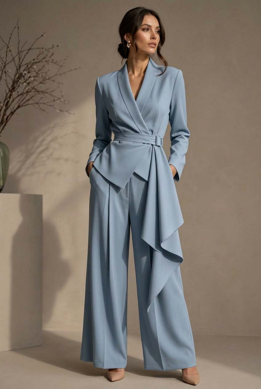 Plus Size Belted Blazer and Wide-Leg Pants Set, 3 Colors