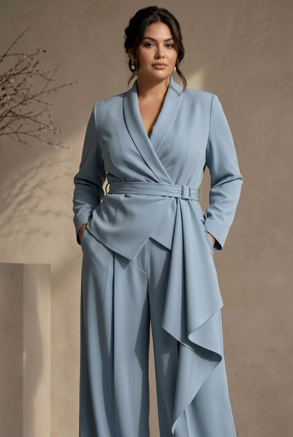 Plus Size Belted Blazer and Wide-Leg Pants Set, 3 Colors
