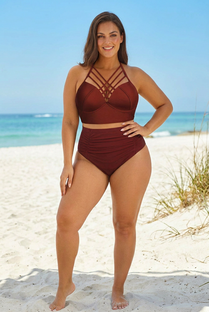 Plus Size Halter Neck Two-Piece Swimsuit in Rust or Black