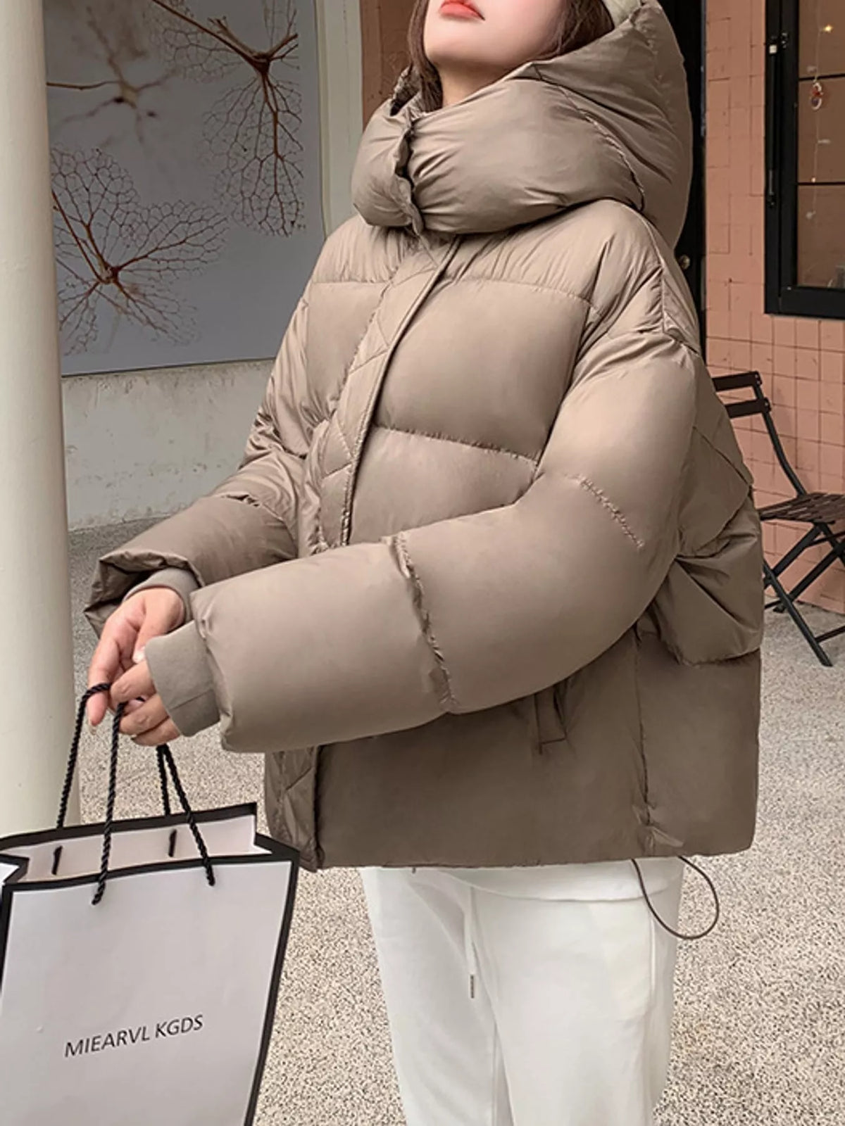 Quilted hooded puffer jacket in Coffee, size L