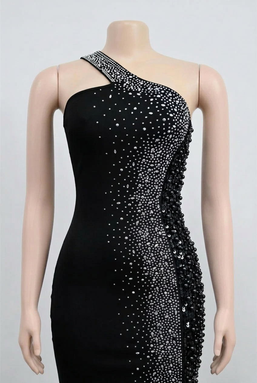 Rhinestone one-shoulder maxi dress in Black, size L