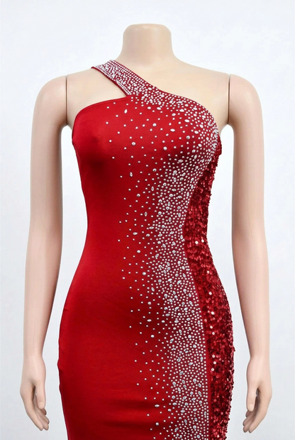 Rhinestone one-shoulder maxi dress in Red, size L