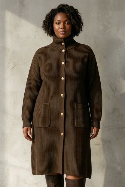 Dark brown ribbed turtleneck longline cardigan, L to 2XL