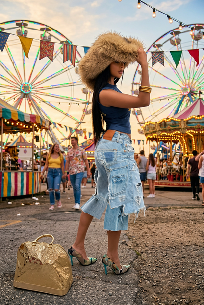 Ripped two-tone denim skirt & pants