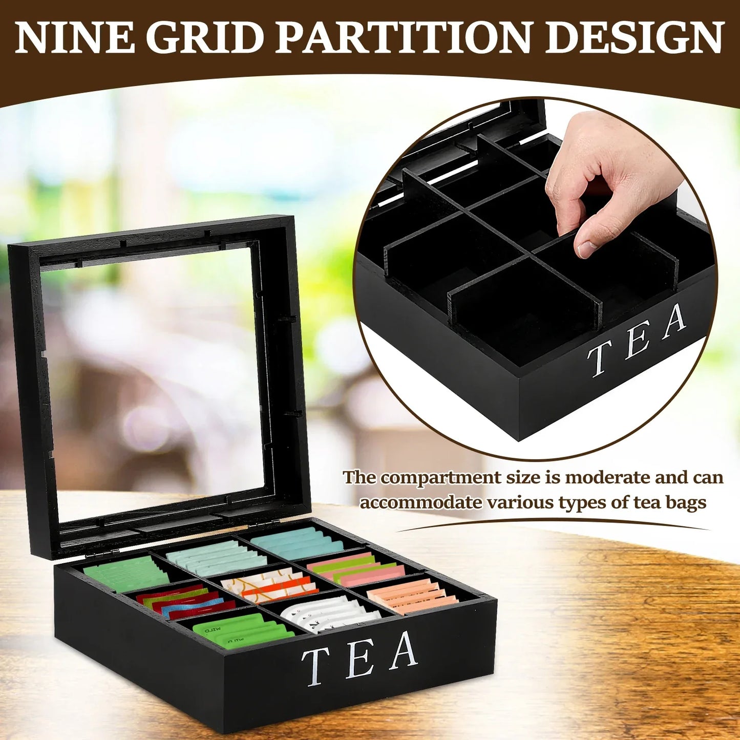 Wood Tea Bag Storage Box with Clear Lid 9 Compartments