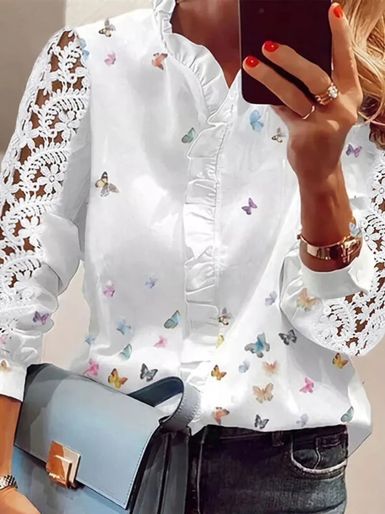 Elegant Long Sleeve Butterfly Print Top