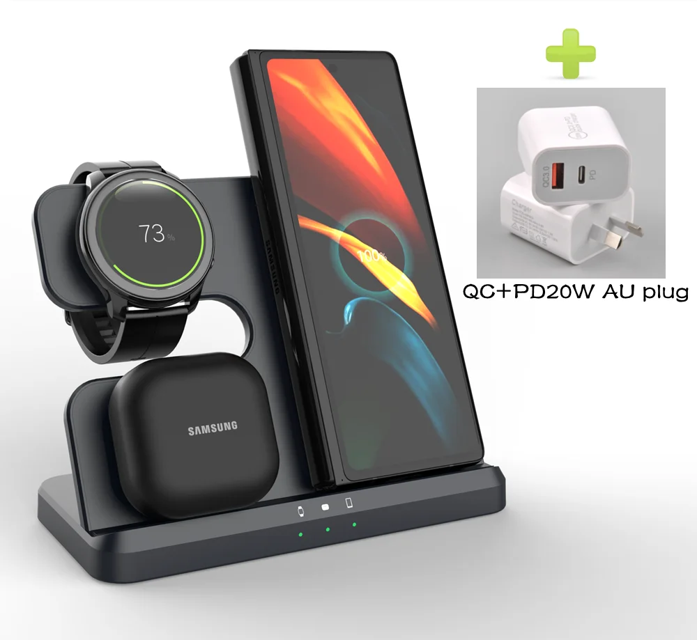 3-in-1 wireless charging station in black with 20W AU plug