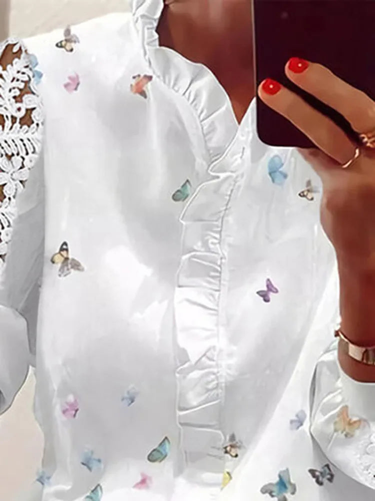 Elegant Long Sleeve Butterfly Print Top