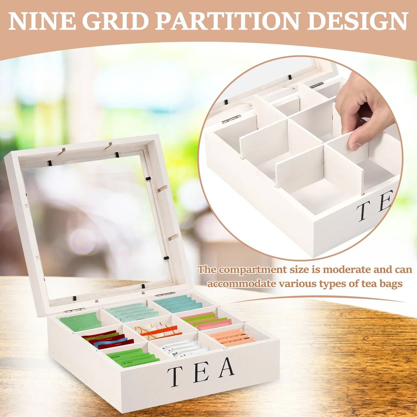 Wood Tea Bag Storage Box with Clear Lid 9 Compartments