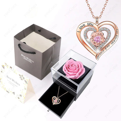 Pink Heart Pendant Necklaces With Rose Gift Box