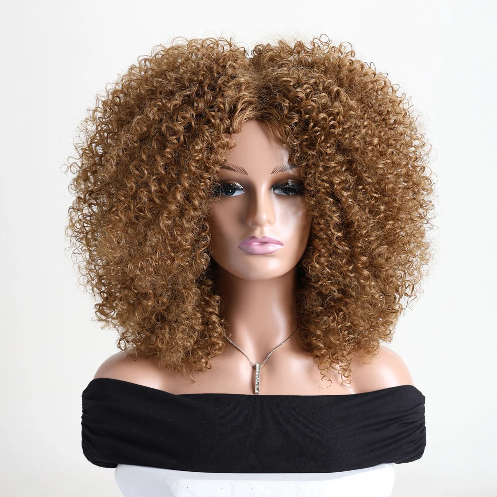 Afro Kinky Curly Hair Wigs With Bangs Synthetic Fiber