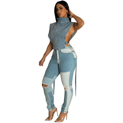 Denim Strapless Jacket Stand Collar Crop Top for Women