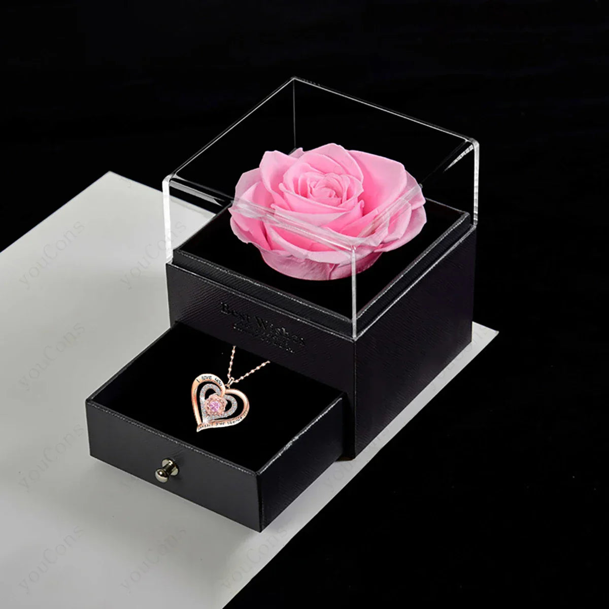 Pink Heart Pendant Necklaces With Rose Gift Box