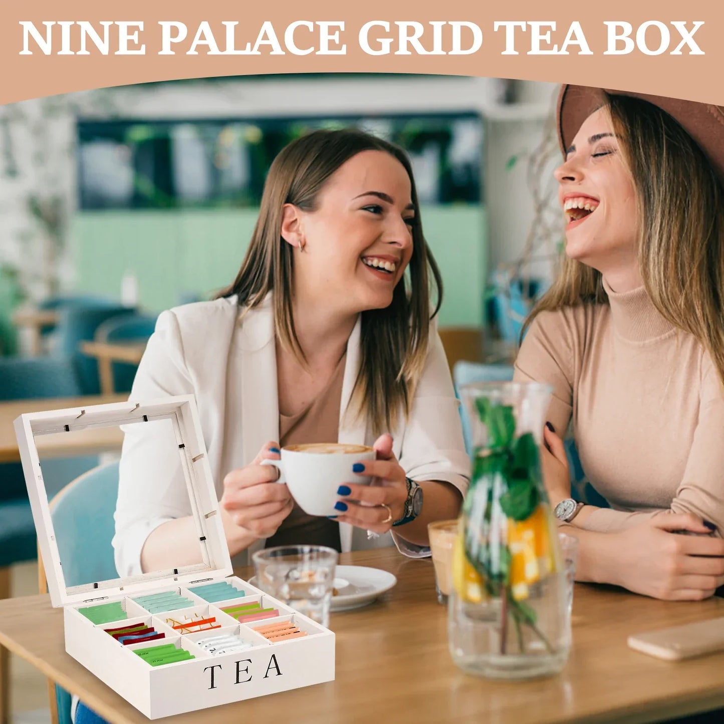 Wood Tea Bag Storage Box with Clear Lid 9 Compartments