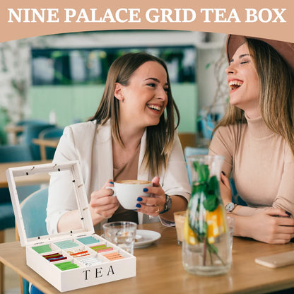 Wood Tea Bag Storage Box with Clear Lid 9 Compartments