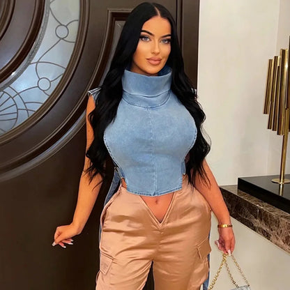 Denim Strapless Jacket Stand Collar Crop Top for Women