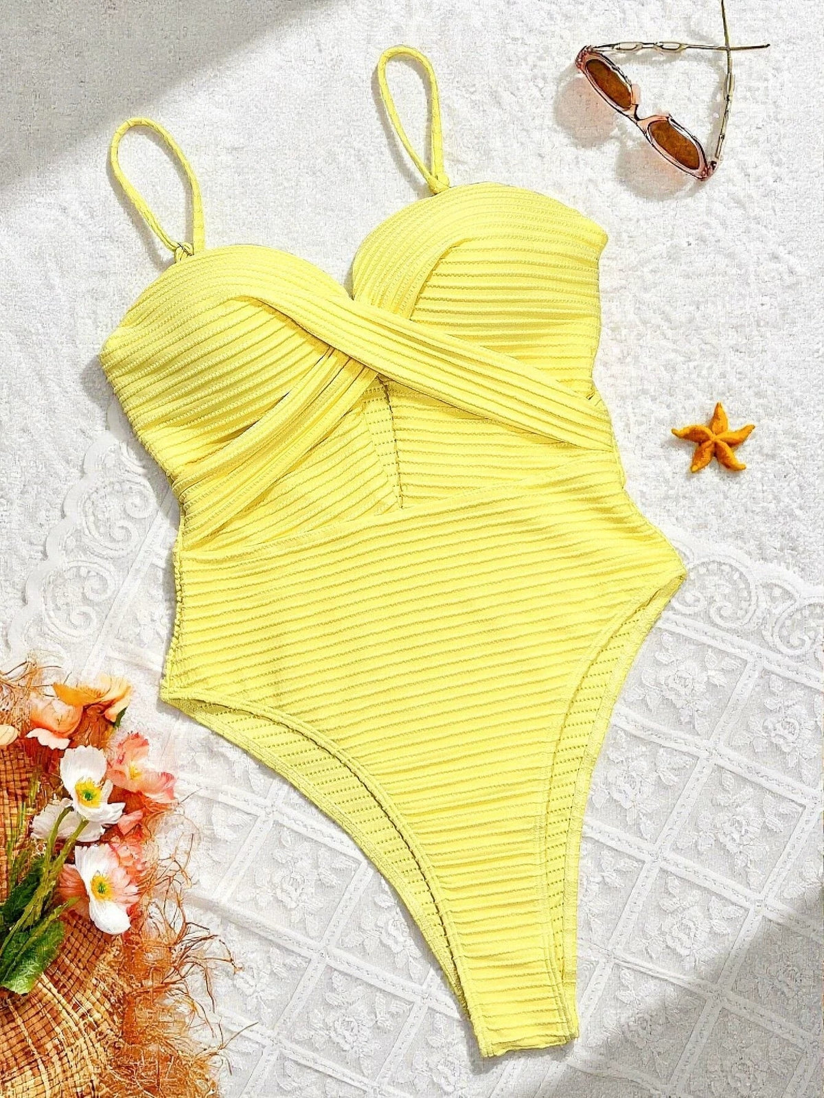 Cross Front Hollow-Out One-Piece Swimsuit, Black or Yellow