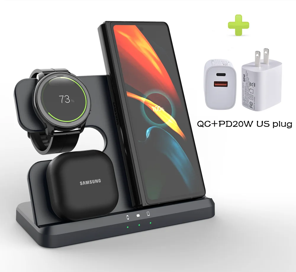 3-in-1 wireless charging station in black with 20W US plug