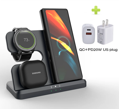 3-in-1 wireless charging station in black with 20W US plug