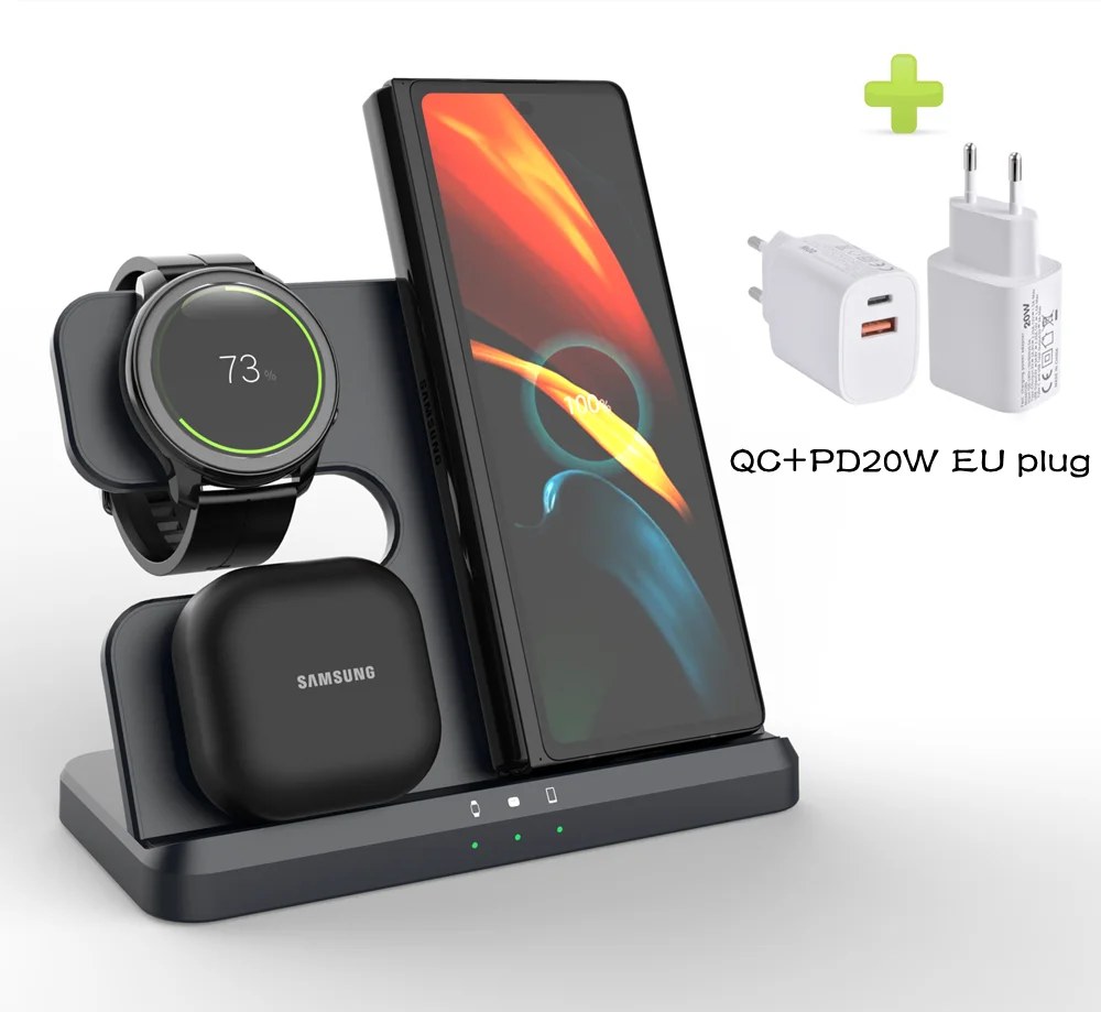 3-in-1 wireless charging station in black with 20W EU plug