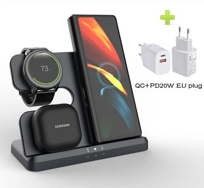 3-in-1 wireless charging station in black with 20W EU plug