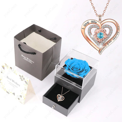 Pink Heart Pendant Necklaces With Rose Gift Box
