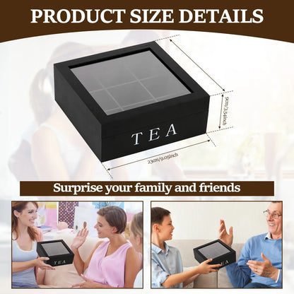 Wood Tea Bag Storage Box with Clear Lid 9 Compartments