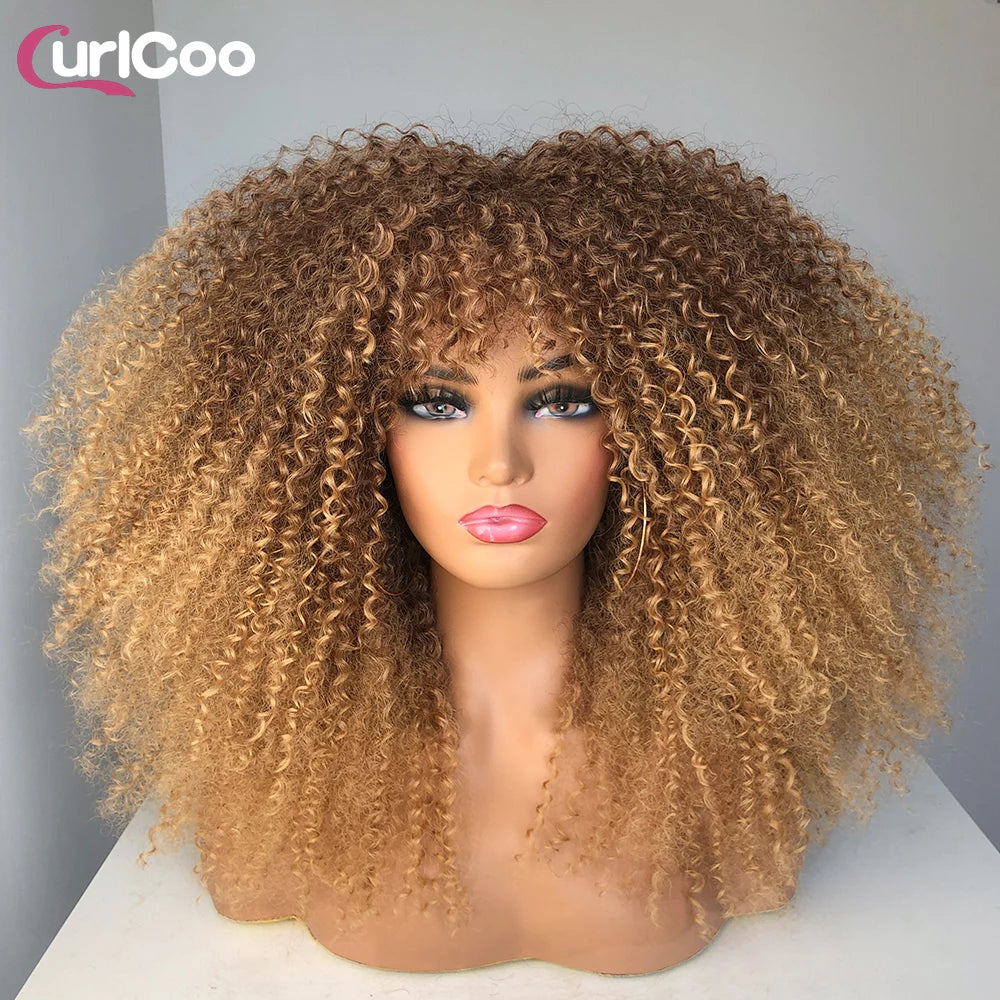 Curly Wig With Bangs Afro Synthetic Fiber