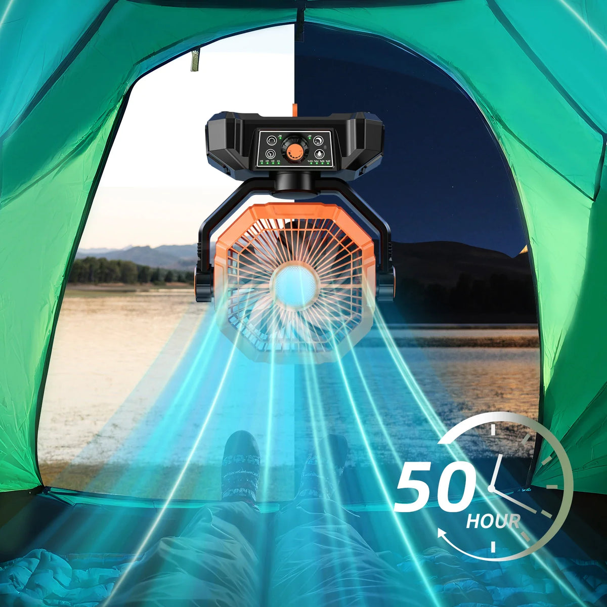 Rechargeable camping fan with LED lantern, view 4
