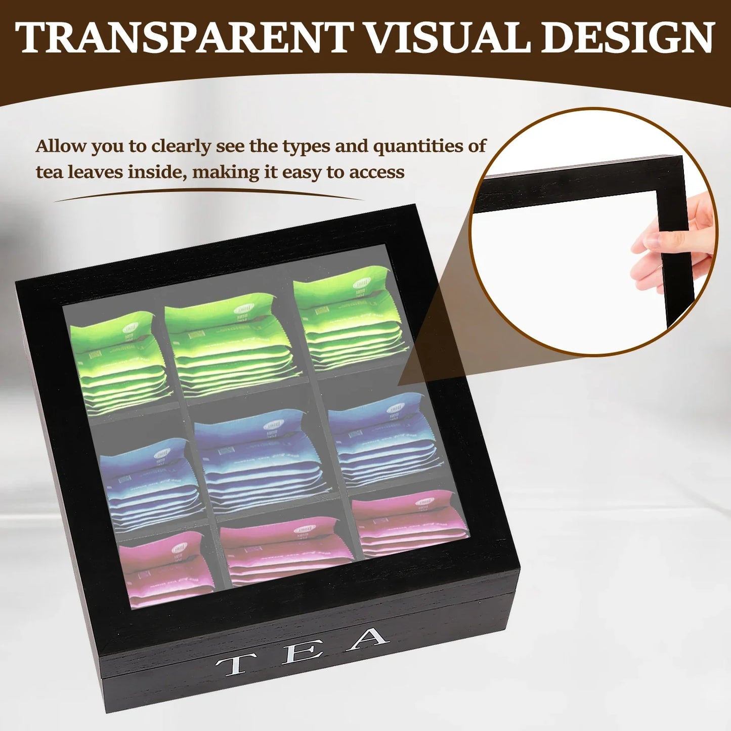 Wood Tea Bag Storage Box with Clear Lid 9 Compartments