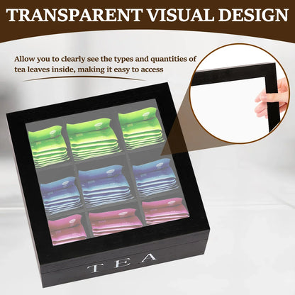 Wood Tea Bag Storage Box with Clear Lid 9 Compartments