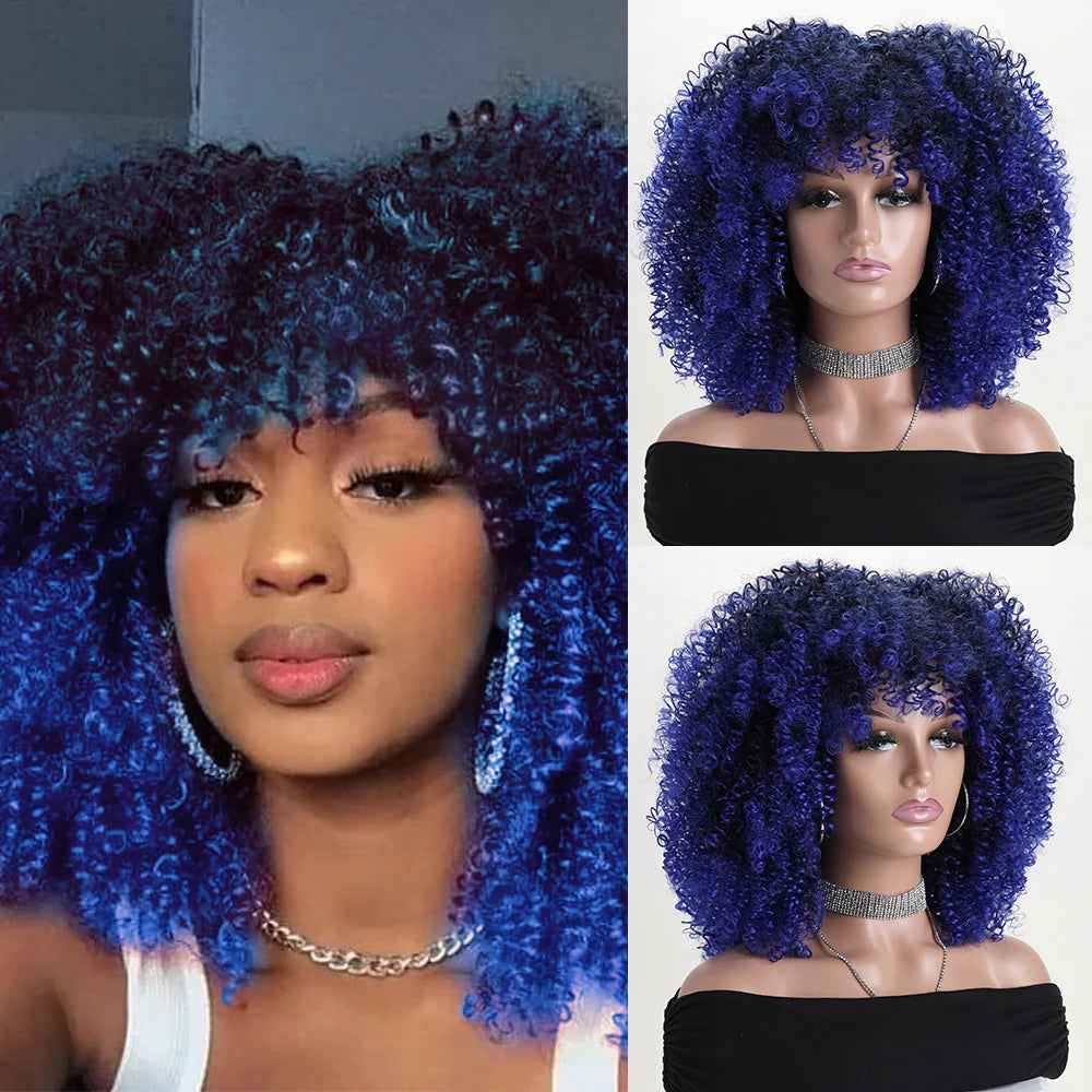 Afro Kinky Curly Hair Wigs With Bangs Synthetic Fiber