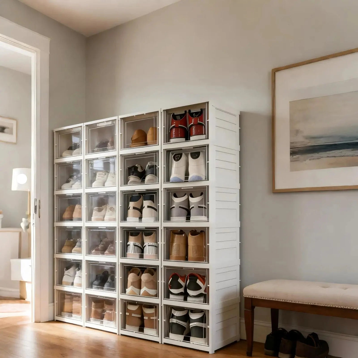 Clear door shoe cabinet, view 2