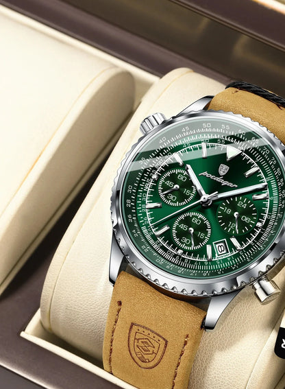 Quartz date watch in silver case, green dial