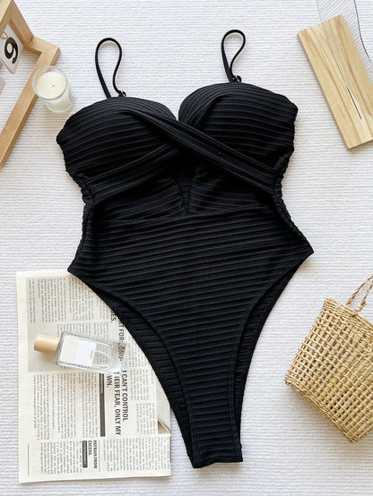 Cross Front Hollow-Out One-Piece Swimsuit, Black or Yellow