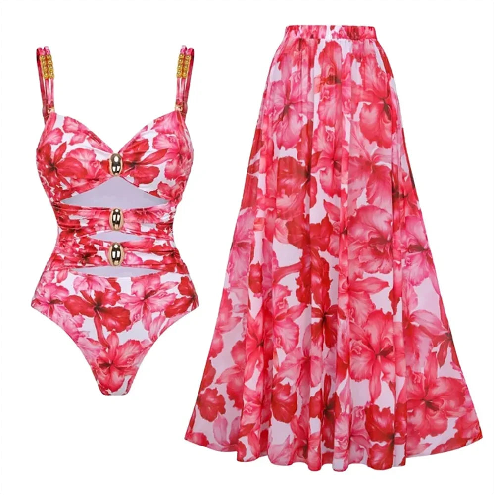 Cutout swimsuit with sarong skirt, view 2